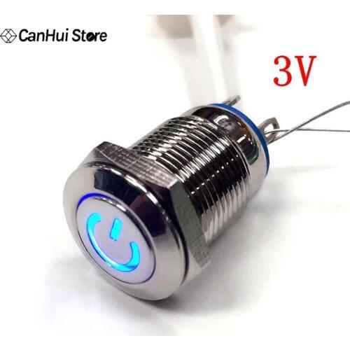 1pcs 3V LED 12mm Flat Head Power Supply Sign Light Reset switch Switch Waterproof Metal Button Switch Blue Light 5PIN Metal Swi