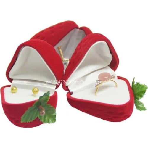 100pcs Strawberry Ring Boxes Flocking Storage Gift Boxes Red Form Velvet Ring Earrings Trinkets Organizer Cases