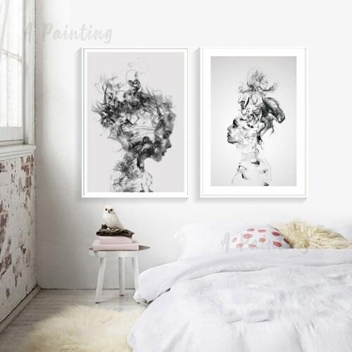 Abstract Smoke Girls Wall Art Canvas Posters and Prints Black White Nodic Pictures for Living Room Bedroom Home Decoration