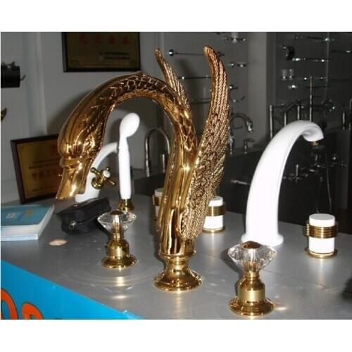 Free shipping PVD GOLD finish 3 PIECE ROMAN TUB (Or sink) SWAN FAUCET BATHROOM lav FAUCET CRYSTAL FAUCET