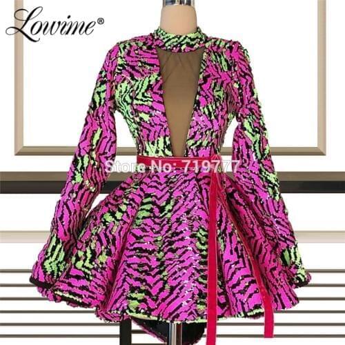 Formal Long Sleeve Arabic Evening Dress Sequins Dubai Turkish Short Party Dress Gowns 2020 Custom Prom Dresses Abendkleider