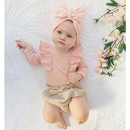 Toddler Newborn Baby Girls Clothing Set Flower Baby Costumes knit T Shirts + Bow Bloomer Shorts Outfits