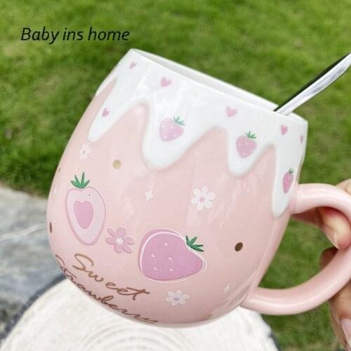 Water Cup with Lid Spoon 400ml Japanese Style Cartoon Cute Strawberry Ceramic Cup Creative Mug Ins Couple Cup Cute Pink Red