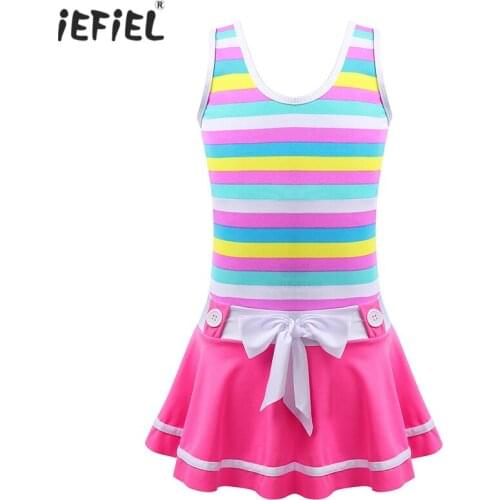Summer Kids Girls One-piece Swim Bodysuit Swimwear Beachwear Wide Shoulder Straps Striped Pattern Bowknot Swimsuit Bathing Suit