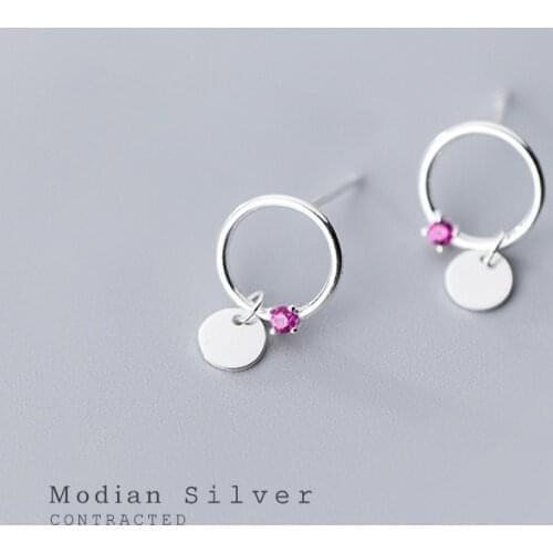 Modian Authentic 925 Sterling Silver Round Sequins Red Zircon Stud Earring for Women Geometric Ear Studs Jewelry Accessories