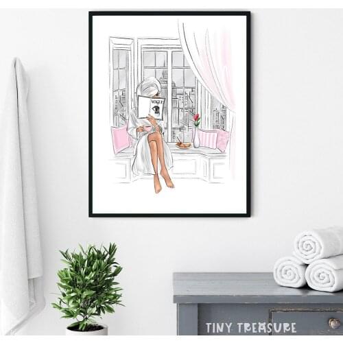 Fashion Girly Poster Reading Coffee Time Minimalist Art Print Nordic Canvas Painting Modern Wall Picture For Bathroom Home Decor