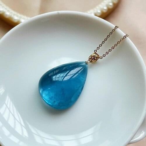 Genuine Natural Blue Aquamarine Water Drop Pendant Women 27*19.5mm Crystal 18K Gold Brazil Rare Aquamarine Necklace AAAAAA
