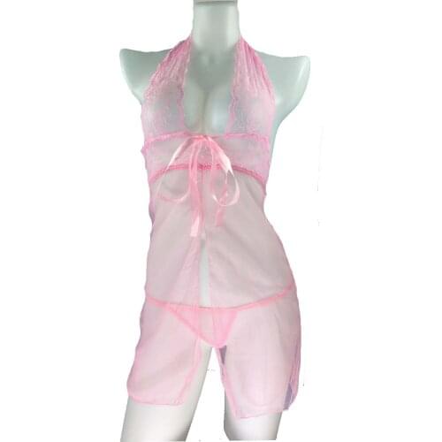 Pink Sexy Lingerie Lace Hanging Neck Sexy Pajamas Women Transparent Mesh Sexy Front Split Nightdress Pajamas Transparent Mesh