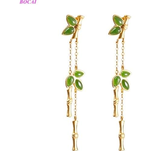 BOCAI Solide S925 sterling silver ear drop womens Hetian Jasper Bamboo Thai silver Fashion long Tassel Earrings for women