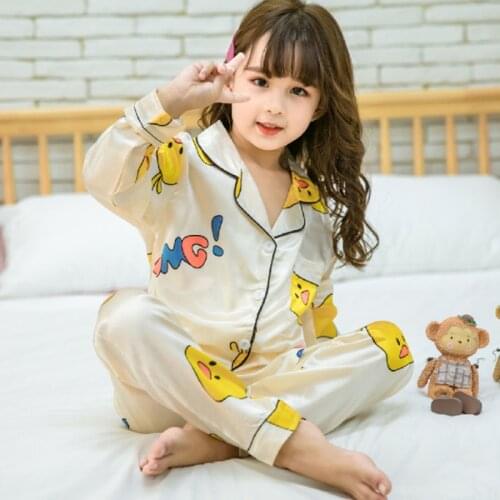 Kids Baby Girls Silk Satin Pajama Set Clothes Autumn Winter Spring New Cute Cartoon Print Nightwear Outfit Homewear
