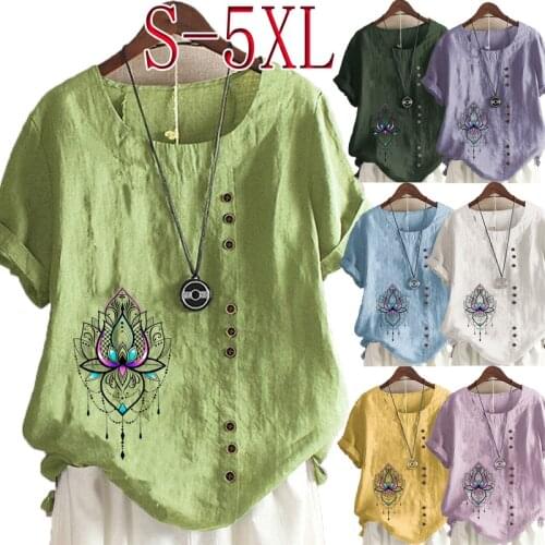 Womens New Summer Fashion Casual Linen Shirt Round Neck Printing T-shirt Short Sleeve Tops Loose Blouse S-5XL