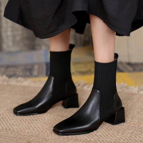 Wool knitted stretch boots womens autumn and winter 2021 new square toe thick heel short boots