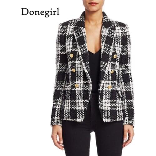 Top Quality Newest Fashion Spring 2021 Designer Jacket Womens Slim Fit Lion Buttons Double Breasted Plaid Wool Tweed Blazer