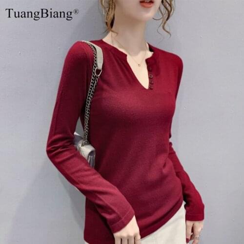 2020 Autumn Button Deep V-Neck Knitted Tops Long Sleeve Soft Comfortable Sweater High Elasticity Burgundy White Winter Pullovers