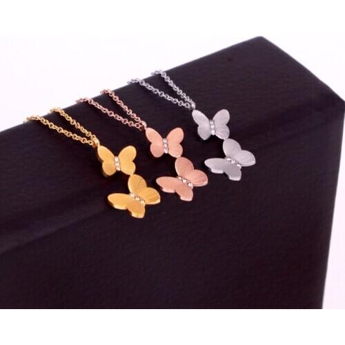 Fashion Love Stainless Steel Zircon Insect Crystal Double Butterfly Pendant Necklace Rose Gold Color Women Female Party Gift