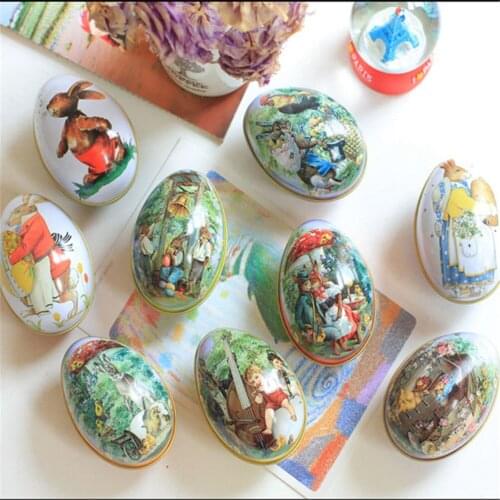 Party Decoration Alloy Metal Trinket Tin Tinplate Case Easter Bunny Chick Printing Random send Easter Eggs Shaped Candy Box