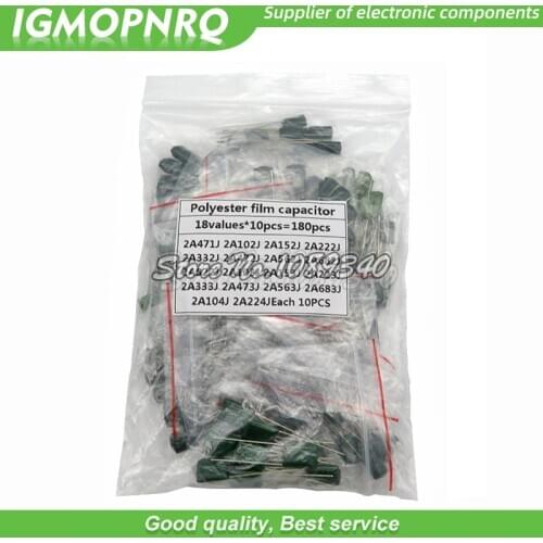 180PCS=18value*10PCS Polyester film capacitor Assorted Kit contains 2A104J 2A332J 2A472J 2A103J 2A333J 2A473J 2A563J 2A223J