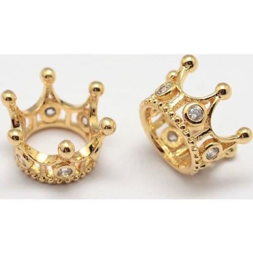 30pcs Golden Crown Brass Micro Pave Grade AAA Cubic Zirconia Large Hole Beads, Cadmium Free & Nickel Free & Lead Free 13x8mm