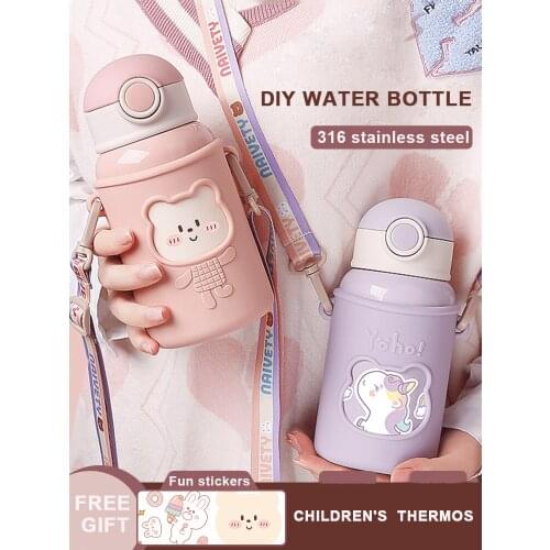 450ml Kids 316 Stainless Steel Straw Thermos Mug with Sticker Cartoon Leak-Proof Vacuum Flask Children Thermal Water Bottle