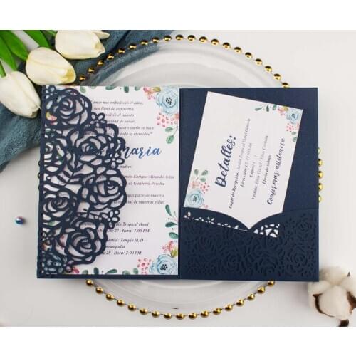 Free Drop Shipping 50X Gold/White Laser Cut Rose tri-fold Wedding Invitation Cards Personalized Pocket Invite Customized RSVP