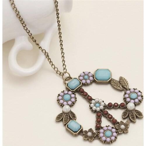 Antique Vintage Colorful Leaf Flower Peace Symbol Pendant Necklace Long Sweater Chain Necklace Women Jewelry Link Chain Metal