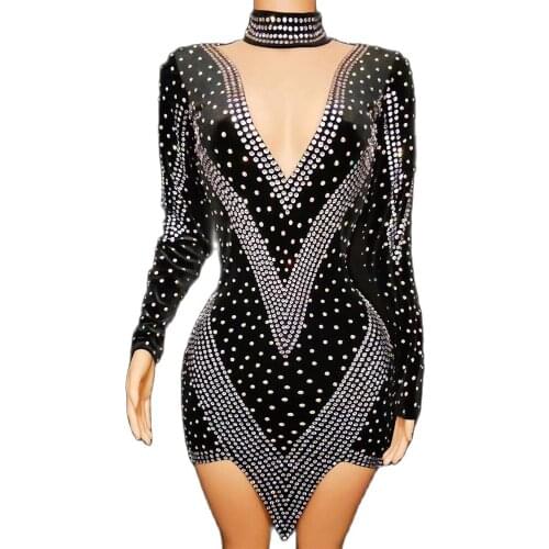 Sparkling Rhinestones Gauze Perspective Neck-Mounted Dress Irregular Theatrical Costume For Women Party Dress For Women