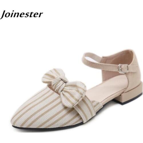 Low Heeled Ankle Buckle Women Sandals Striped Knot Bow Pointed Toe Dress Shoes Office Ladies Sandal Cover Heel Flat Sandals