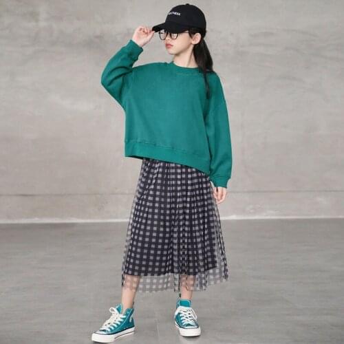 Kids Clothes Suits Two Pieces Loose Sweatshirts Tops For Teenage Girls Mesh Plaid Skirts Clothing Sets Children Autumn Outfits