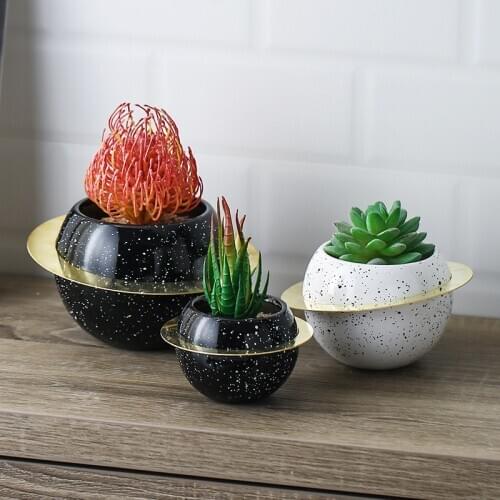 Home Decor Cement Succulent flowerpot modern Wandering Planet Pot with metal rim Ceramic Round Vase Table Decoration