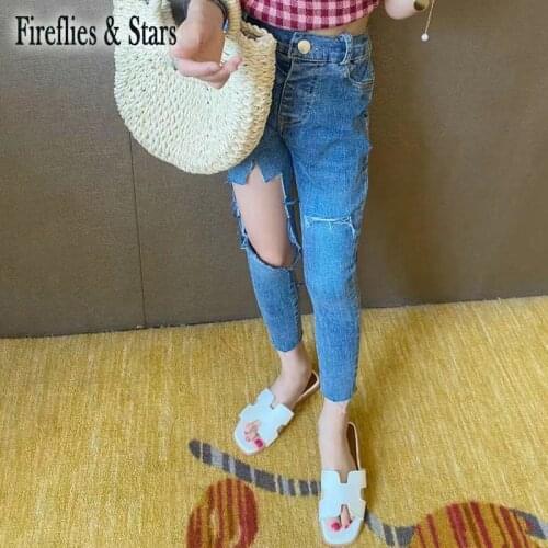 Summer Autumn Girls Denim Pants Baby Trousers Kids Bottoms Children Pants Irregular Hole Ripped Skinny Stretchable 4 To 13 Yrs