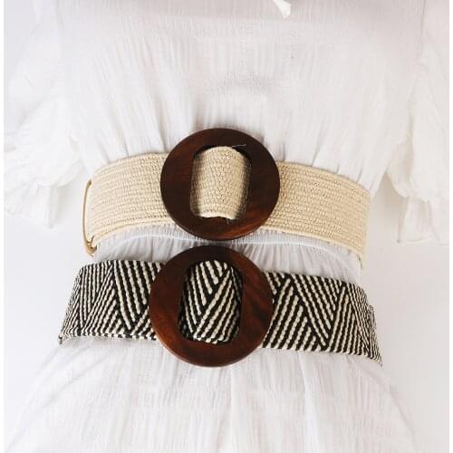 Beige and black Triangle Elasticity Vintage Braided Waist Belt Slide wood buckle Fit for 75-110cm Waist circumference For Lady
