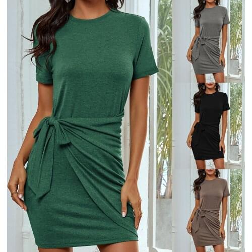 Elegant Bodycon Dress Womens Casual Knotted Short-sleeved Round Neck Solid Color Dress Slim Bandage Sexy Womens Dress Платье