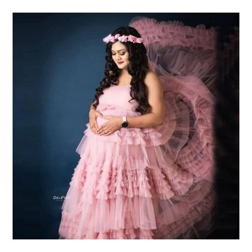 Elegant Pink Tiered Maternity Gowns Pleated Ruffles Extra Puffy Long Women Pregnancy Dresses For Photo Shoot Plus Size
