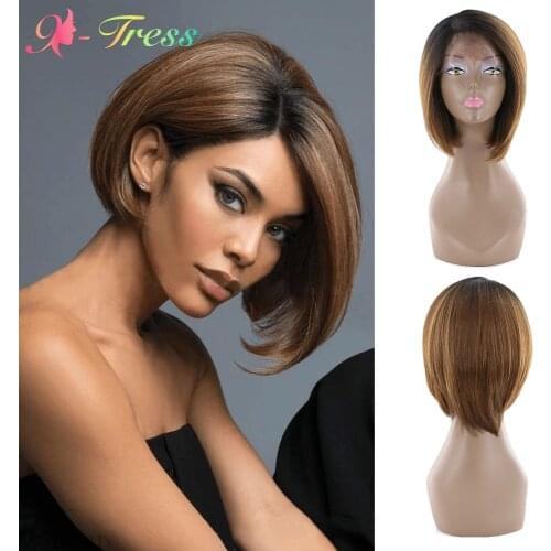 Lace Front Wig Ombre Brown Synthetic Bob Wigs for Black Women X-TRESS Side Part Short Straight Glueless Heat Resistant Fiber