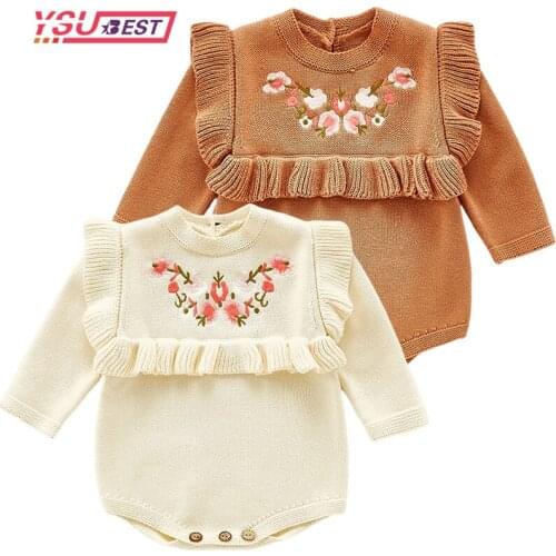 2021I nfant Newborn Long Sleeve Solid Ruffled Jumpsuit Embroidery Flower Baby Girls Knitted Bodysuit Baby Spring Autumn Clothing