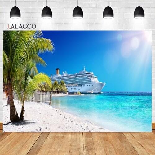 Laeacco Summer Beach Cruise Ship Coconut Tree Scenic Photography Backgrounds Customized Photographic Backdrops For Photo Studio