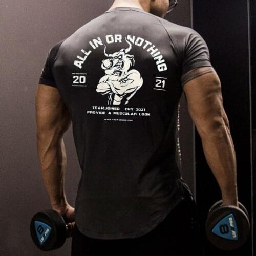 2021 Men T Shirts Summer Running Bodybuilding Fashion Cotton Letter Printed Tshirt Fitness Workout Casual O-Neck plus-size