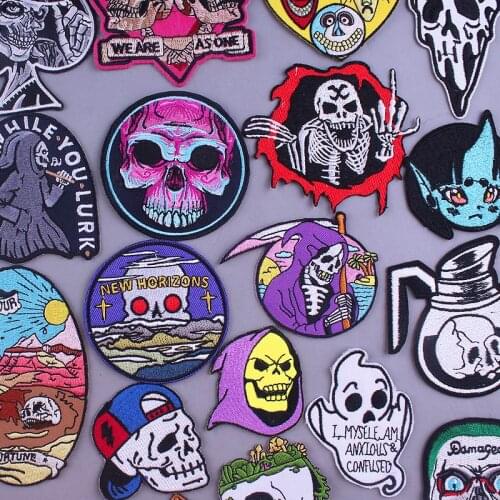 Punk Skull Rock Patch Grim Reaper Iron On Patches On Clothes Hippie Biker Embroidered Patches For Clothing Jacket Stripes Badge