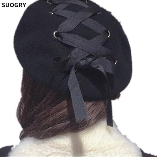 New Bowknot Wool Beret Hats Korean Style Women Winter Hats Beret Solid Blue Black Fashion Painter Hats Stylish Hats Female
