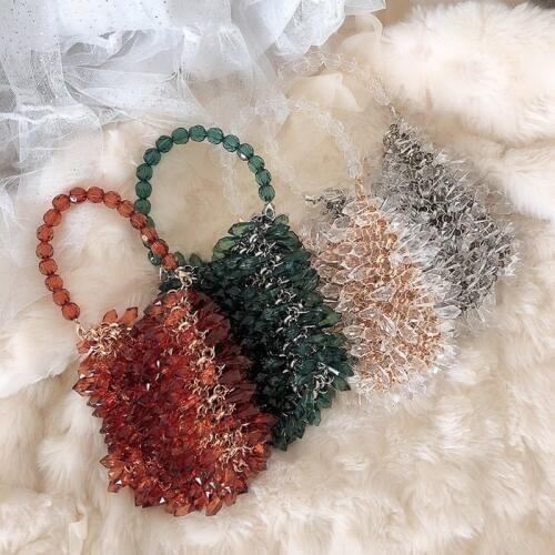 Transparent crystal hanging ring handmade bag 2020 new crystal white chain handbag net red bead bag