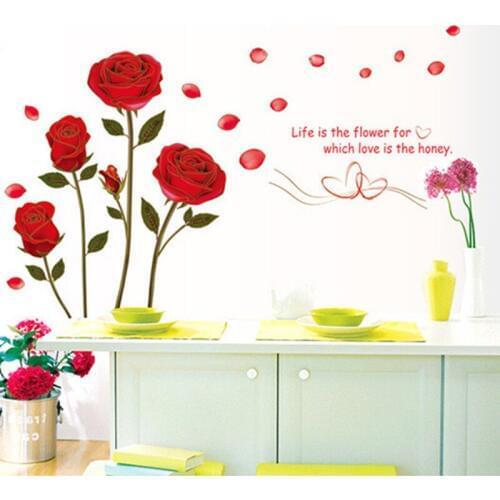 Flying Red Rose Love Romantic Flower Decorative Wall Stickers Living Room Bedroom Wedding Decorations Home DIY PVC Mural Decals