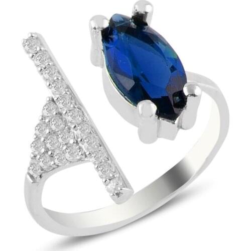 Silver 925 Sterling Sapphire Shuttle Zircon Engagement Ring