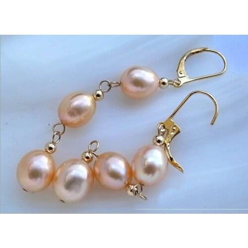 Unique Pearl Earrings 11mm Big Size Pink Rice Freshwater Cultured Pearl Dangle Earrings 14k Gold Plated New Fashion Jewelry