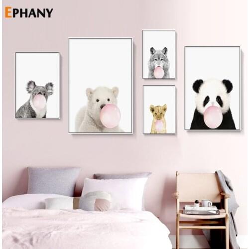 Cute Chewing Gum Animal Pink Bubble Panda Koala Poster Nursery Wall Art Picture Decor for Baby Shower Gift Canvas Painting