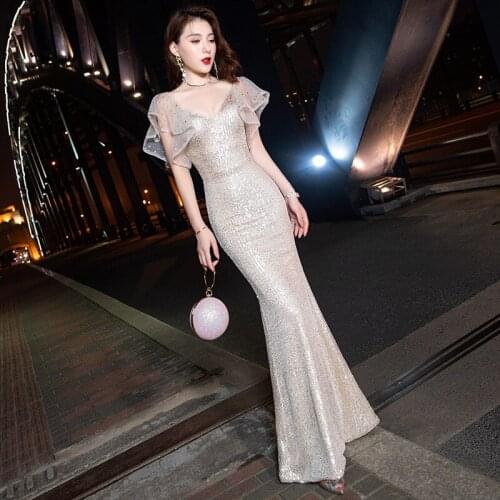 Mermaid Evening Dress Long Sexy Queen Fishtail Women Oriental Style Party Dresses Robe Champagne Sequins Slim XS-3XL