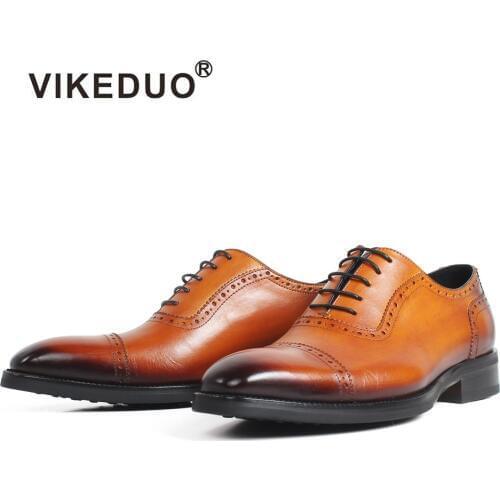 VIKEDUO 2020 New Mens Formal Dress Shoes Patina Vintage Brogue Footwear Wedding Office Handmade Shoe Genuine Cow Leather Zapato