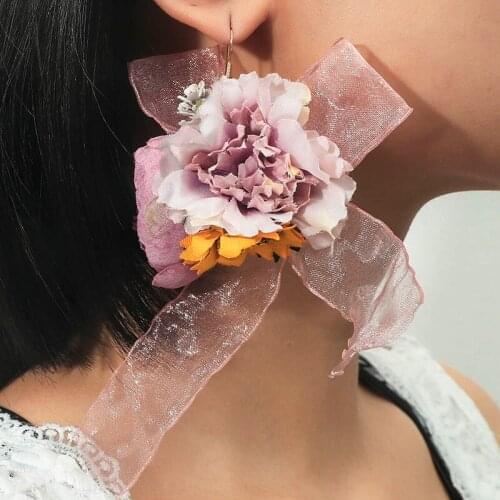 Romantic Ladies Pink Lace Yarn Fabric Flower Bow Handmade Drop Earrings For Women Fashion Bridal Large Dangle Earring Jewelry