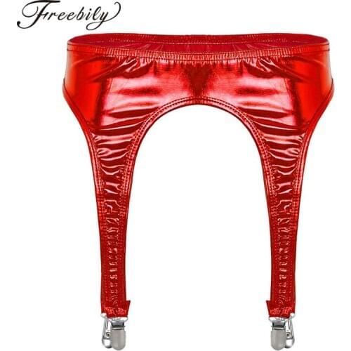 Womens Shiny Metallic Garter Belt with Four Metal Duck-Mouth Clips Suspender for Thigh High Stockings Sexy Pole Dance Clubwear