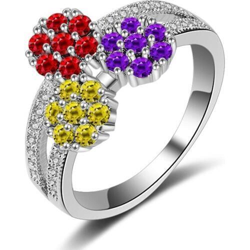 Hainon Fashion Flowers Promise Ring Red Purple Yellow Color Ctystal Wedding Ring Ladies Accessories Ring Silver Color Jewelry