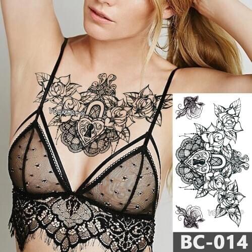 1 Sheet Chest Body Tattoo Temporary Waterproof Jewelry Heart-shaped lock rose lace pattern Decal Waist Art Tattoo Sticker